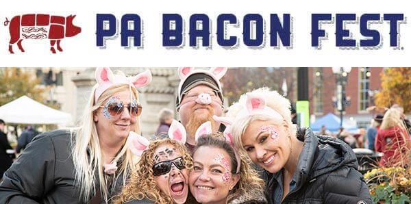 PA Bacon Fest logo and group of friends having fun in pig attire at Bacon Fest